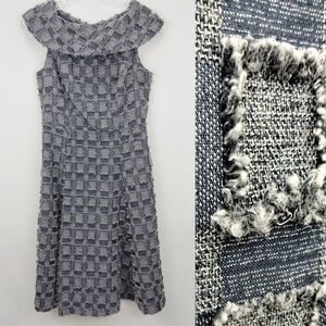 NWOT Eva Mendes Chambray Checkered Fit & Flare Dress in Denim Blues Sz. 2